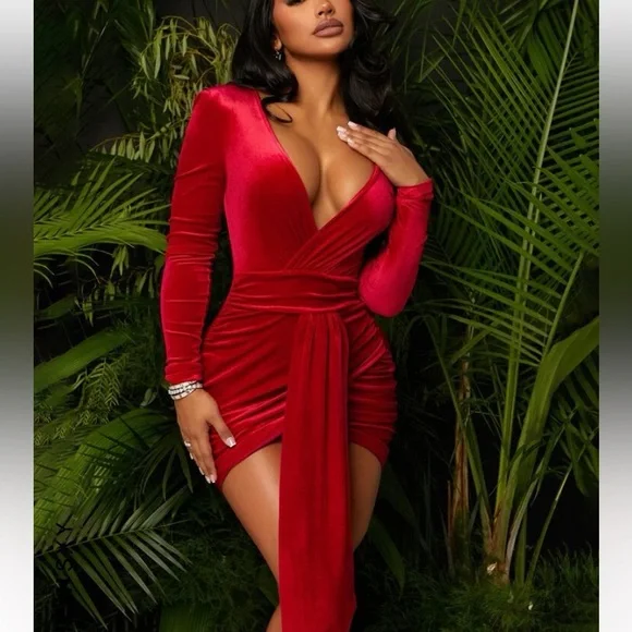 SHEIN SXY Surplice Neck Wrap Strap Draped Ruched Velvet, Bodycon Dress